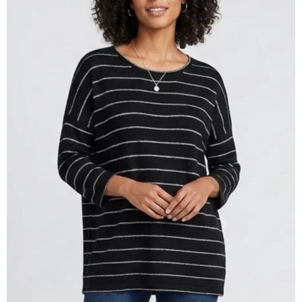 J Jill Black & Silver Stripe Oversize Knit Sweater Size Small Petite Wool Angora